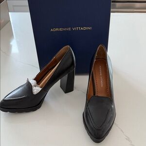 Adrienne Vittadini Black Leather Chunky Heel Pumps
